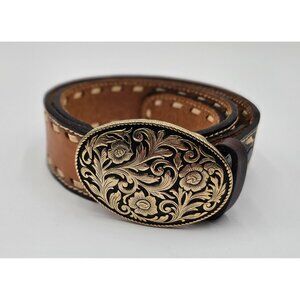 VTG Texco Handmade Western Leather Belt W/Floral Brass Buckle - Sz 32